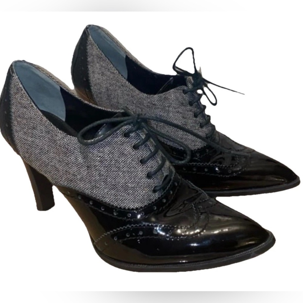Marc Fisher Women’s Oxford Bootie Heels Patent Leather Tweed Fabric Size 8-8.5